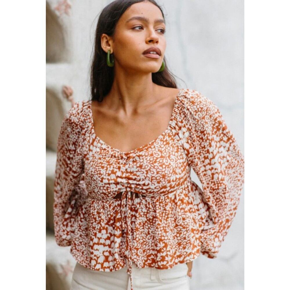By Together Womens Floral Terracotta Ballon Sleeve Smocked Boho Top Smocked Sz M